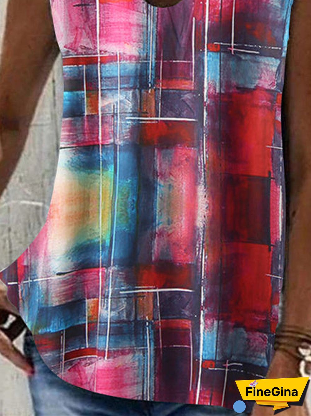 Women Sleeveless V-neck Plaid Tie Dye Top