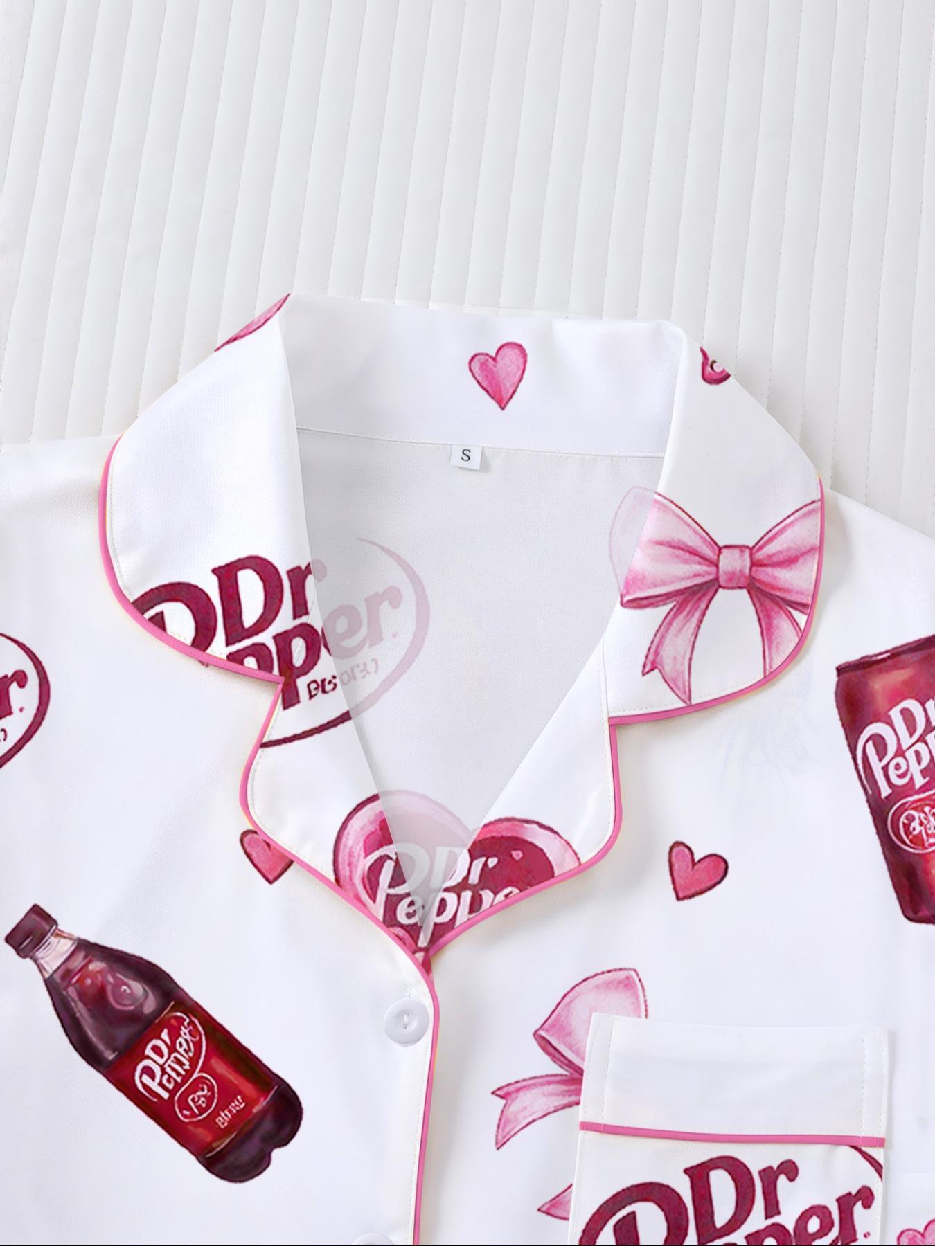 Women's Heart-shaped drink bottle Sleepwear Set, Long Sleeve Button-Up Top & Elastic Pants, Casual Home Wear, Party, Pajamas