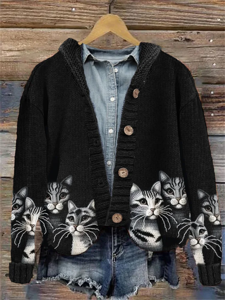 American Shorthair Cats Crochet Cozy Knit Hooded Cardigan