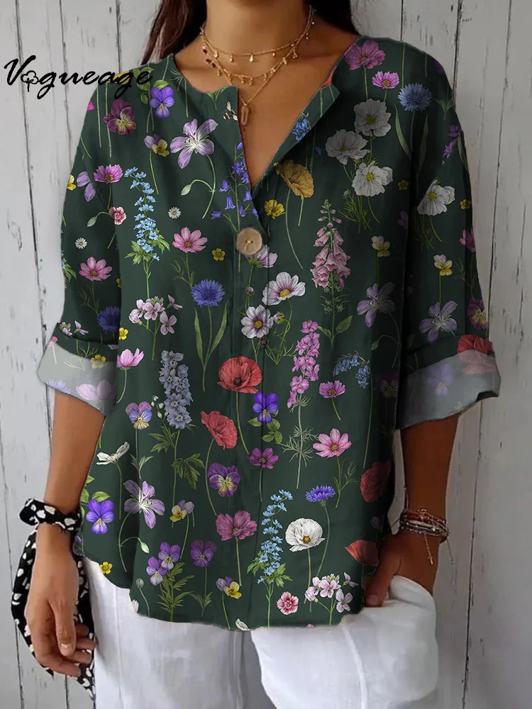 Fashionable And Gentle Flowers Printed Cotton And Linen Shirt