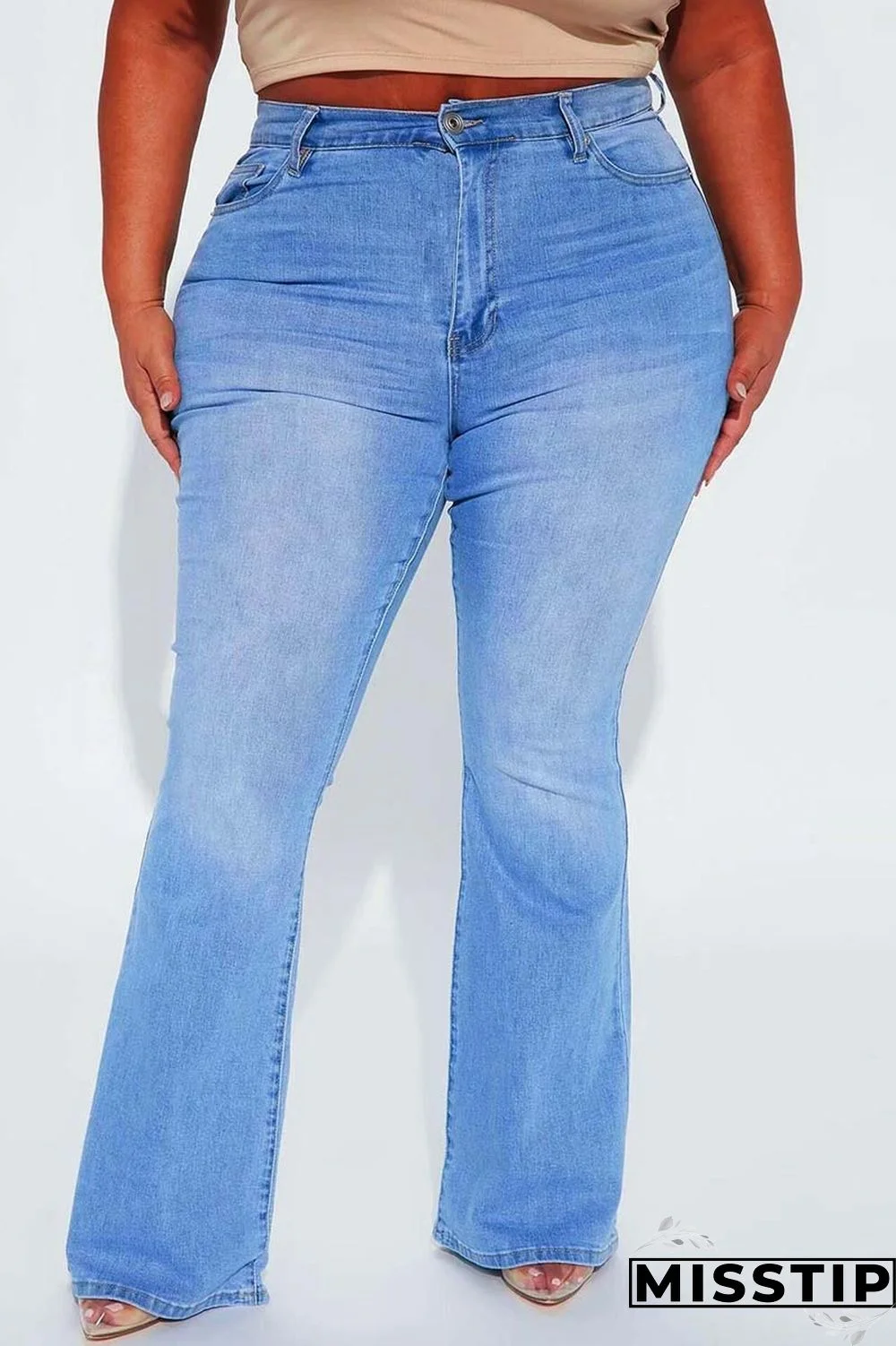 Light Blue Casual Solid Patchwork Plus Size Jeans