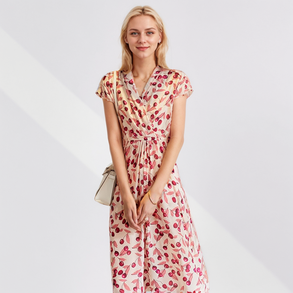 Cherry Print Elegant Silk Dress REAL SILK LIFE