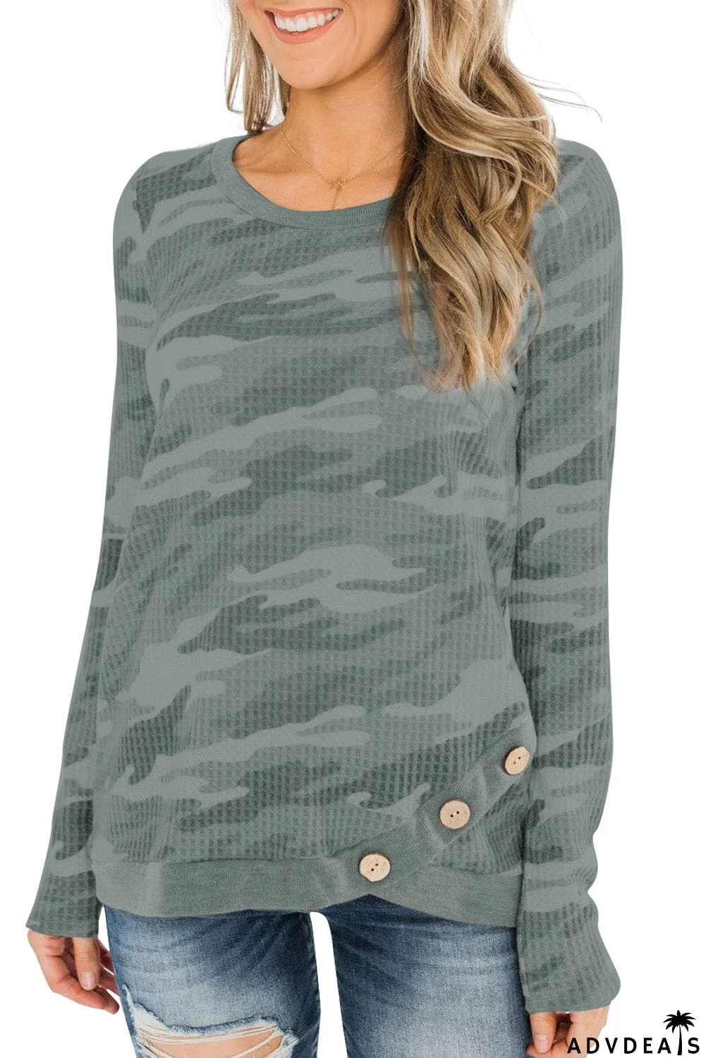Camo Print Button Waffle Knit Long Sleeve Top