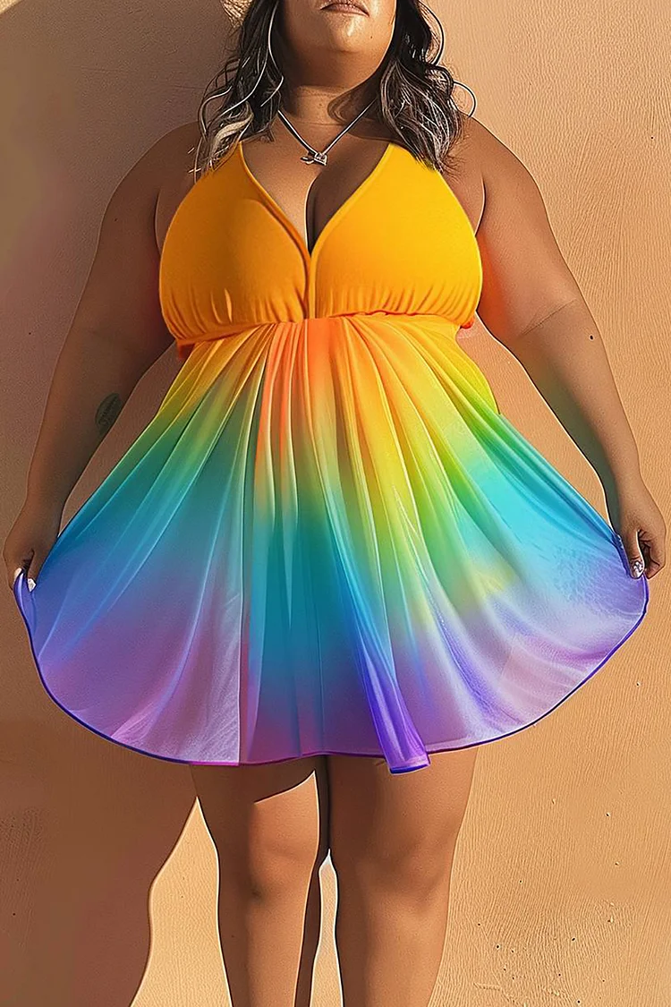 Xpluswear Design Plus Size Beach Rainbow Gradient V Neck Backless Swimsuit Fabric Swimwear Dress [Pre-Order]
