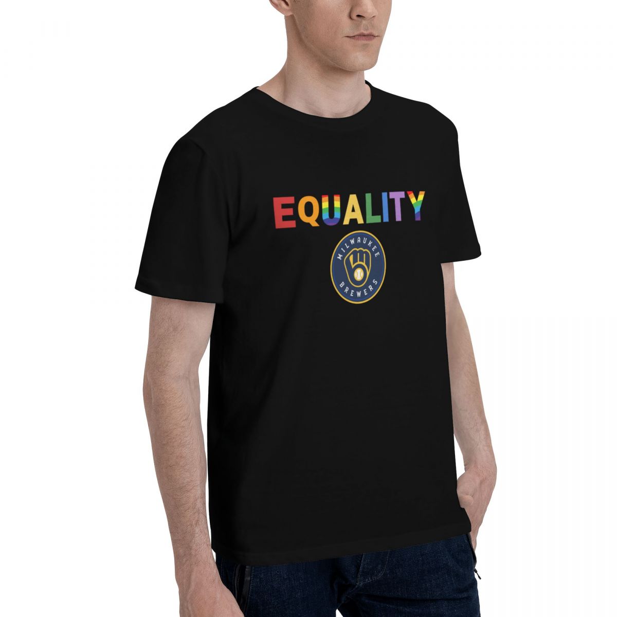 Milwaukee Brewers Rainbow Equality Pride Men's Cotton Crewneck T-Shirt