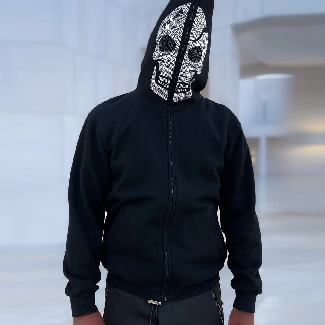 Personalized fashion rhinestone skull zipper sweatshirt jacket