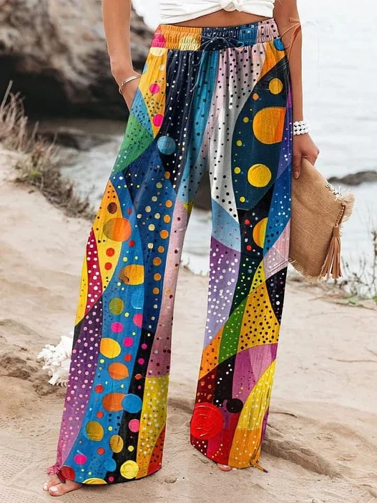 Women's Rainbow Colored Abstract Print Cotton And Linen Casual Pants