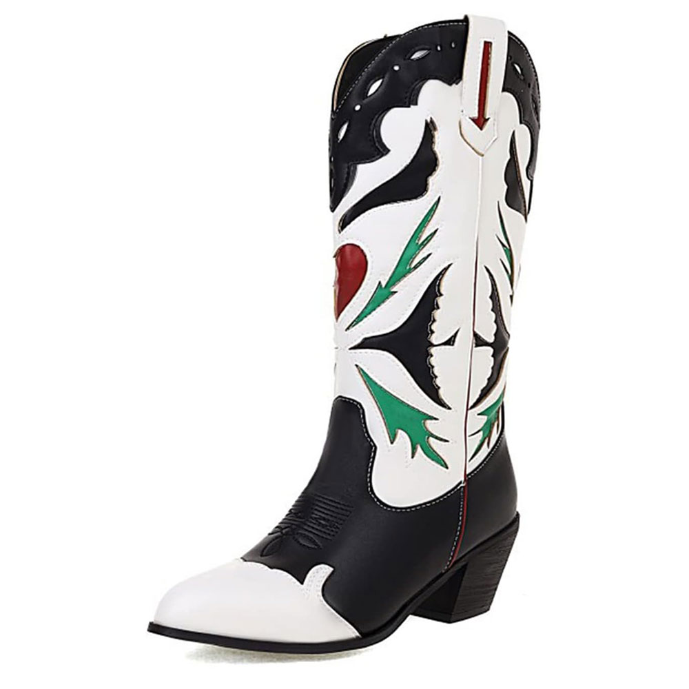 Black & White Faux Leather Pointed Toe Western Boots for Women Nicepairs
