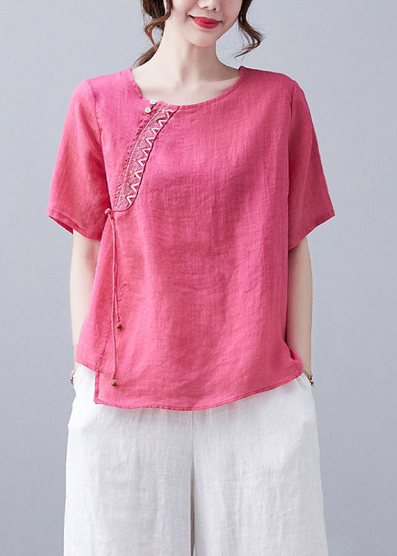 VCSHOES Rose O-Neck Embroideried Linen T Shirt Short Sleeve