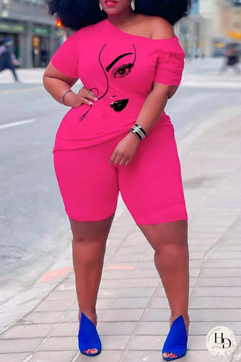 Rose Red Casual Print Basic Oblique Collar Short Sleeve Two Pieces