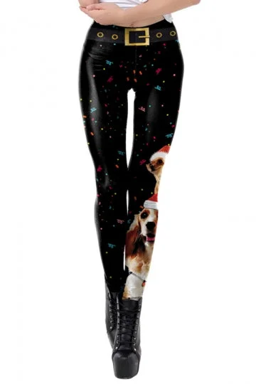 Womens Christmas Dog Print Leggings Dull Black-elleschic