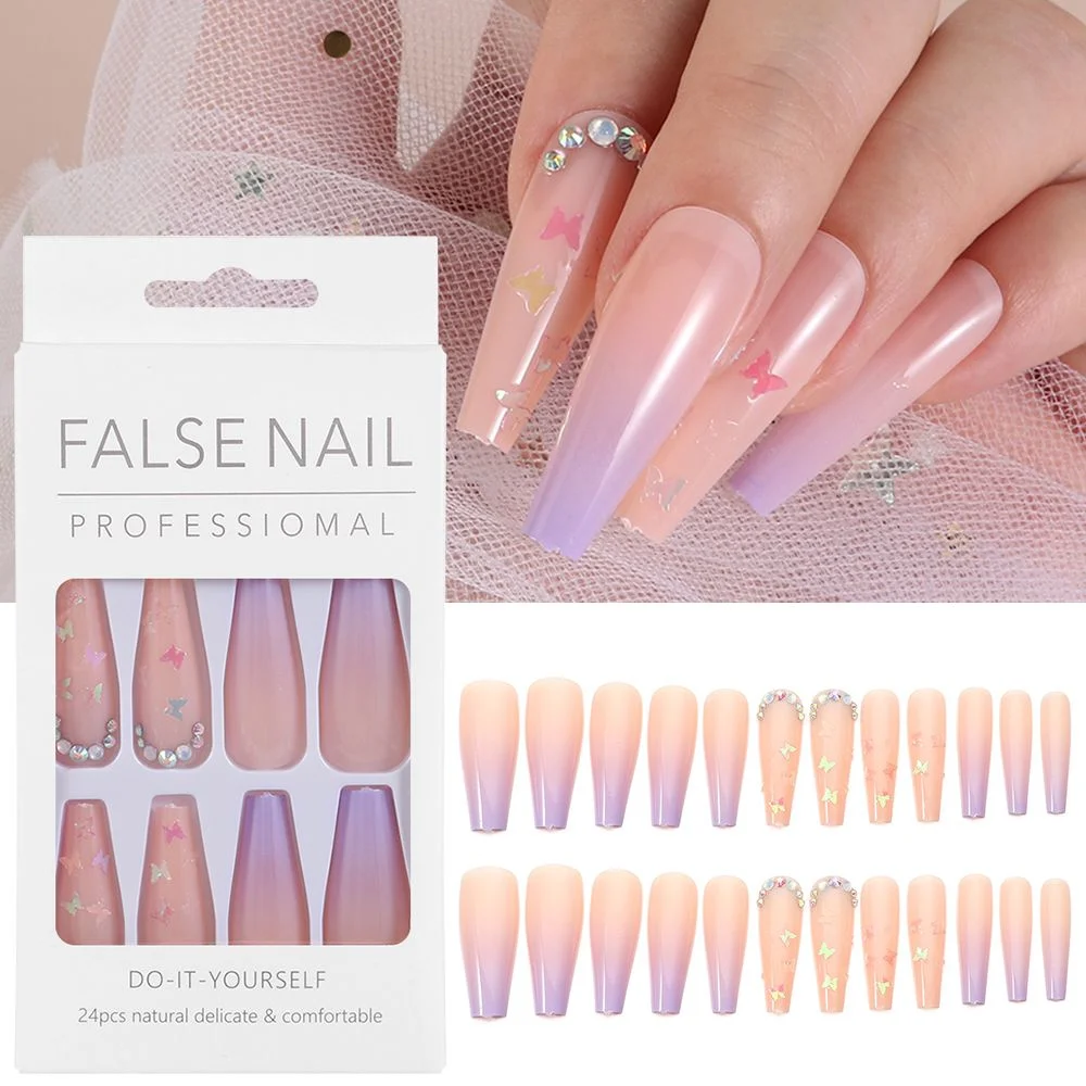 24pcs/set Long Coffin Fake Nails Gradient Butterfly Design Ballerina Fasle Nails With Glue Full Cover Nail Tips Press On Nails