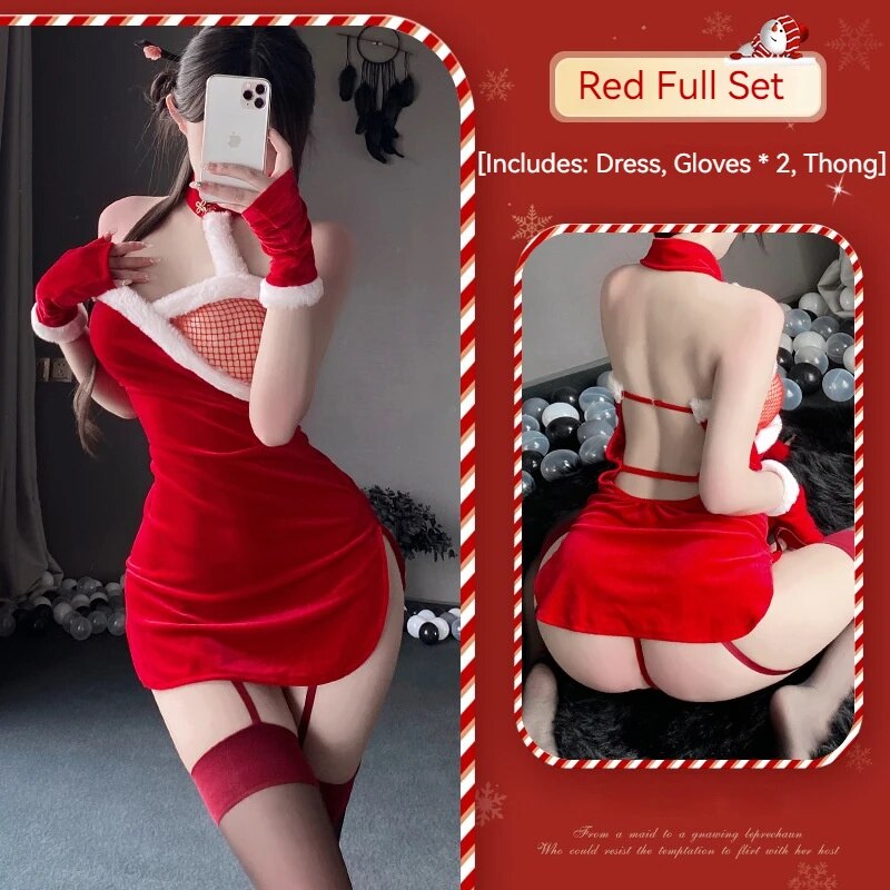 [Wetrose] In Stock 2024 Christmas Elf Santa Cosplay Costume Fishnet Dress Sexy Lingerie