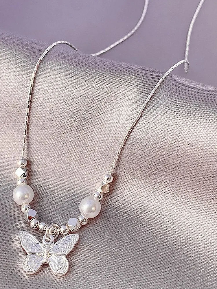 Women's Butterfly Pendant Necklace with Freshwater Pearl Accents