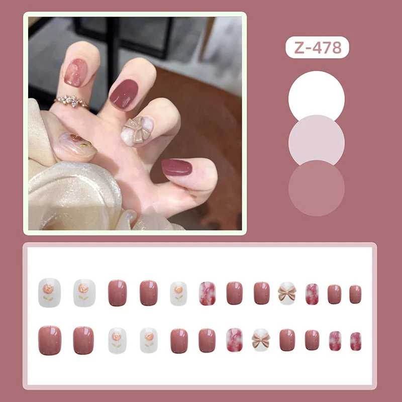 24PCS Fashionable Pink Metal Fake Nail press on Wearable Square Shape Glue model Decorated Finished Fake Nail with glue Product-Nail Inspo