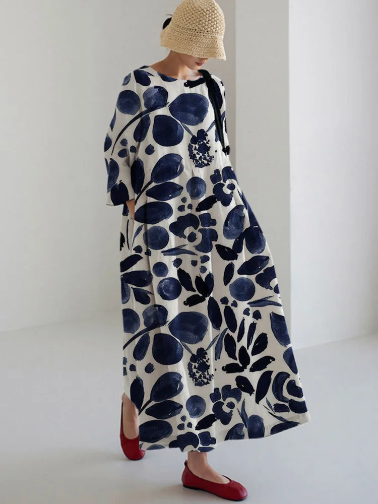 Women's Casual Art Ink Flory Print Long Sleeve Midi Dress