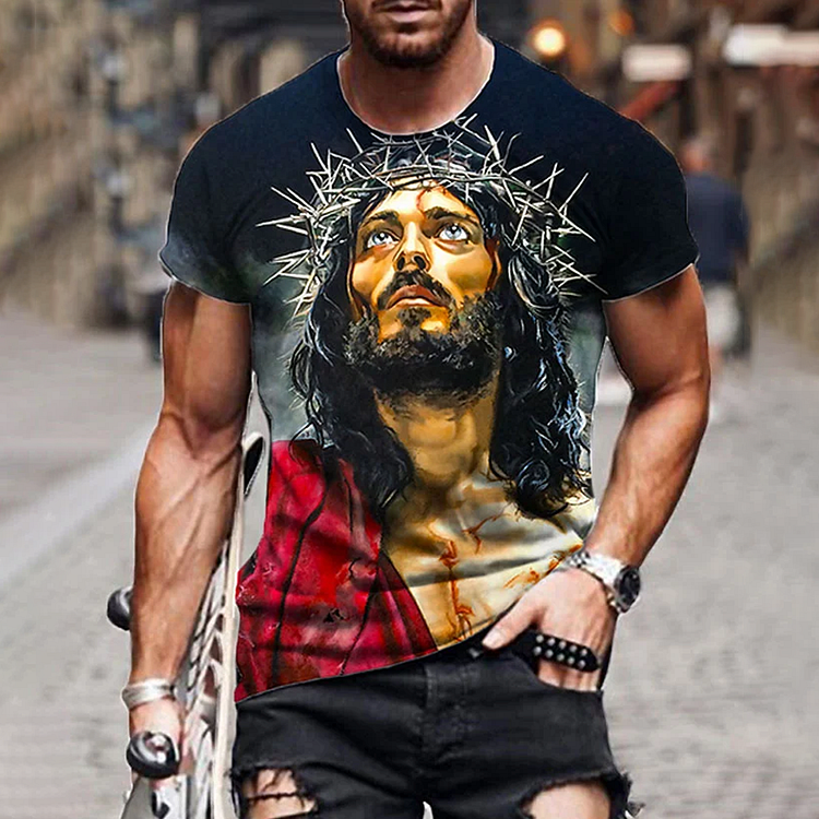 BrosWear Men's Jesus Print Short Sleeve T-Shirt