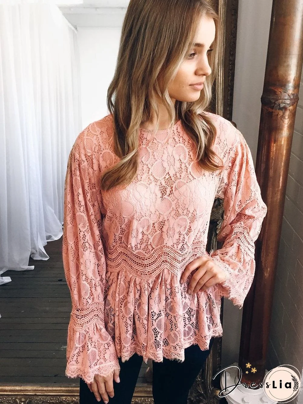 Lace Long Sleeves Round Neck Top