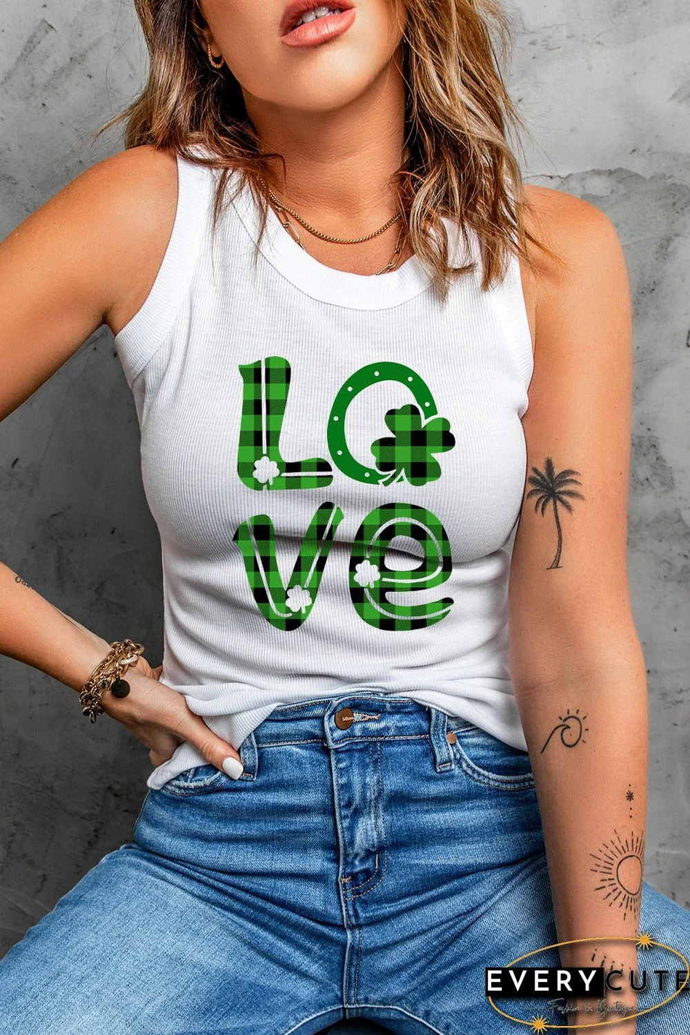 White LOVE Plaid Clover Print Ribbed Crew Neck Tank Top