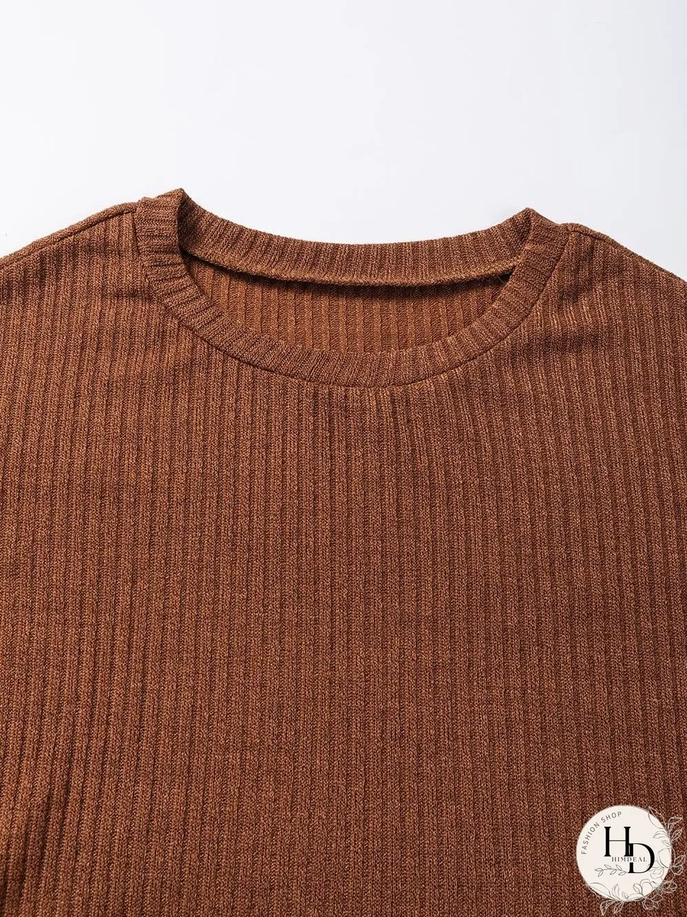 Chestnut Textured Knit Drop Shoulder Ruffled Sleeve Top