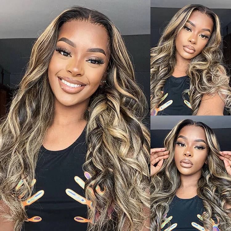 Balayage Highlight Colored HD Transaparent 13x4 Lace Frontal Wigs Body Wave Human Hair Wigs Free Part