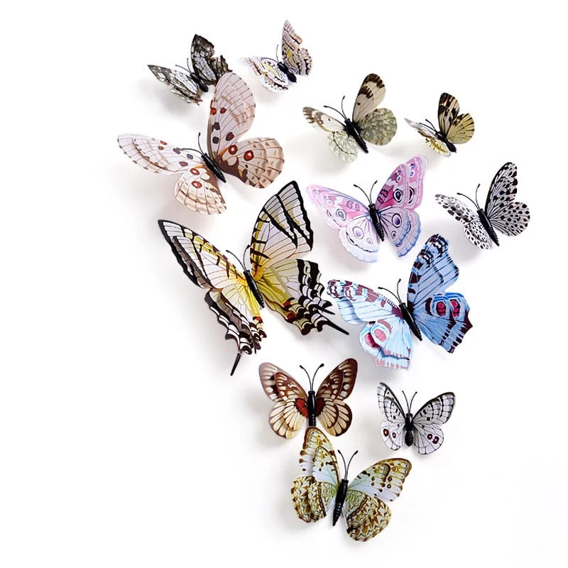 New style 12Pcs Double layer 3D Butterfly Wall Sticker on the wall Home Decor Butterflies for decoration Magnet Fridge stickers