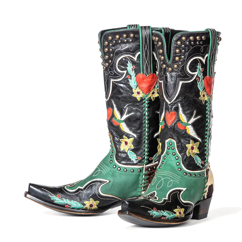 Black & Turquoise Studded Embroidered Cowgirl Boots with Block Heel