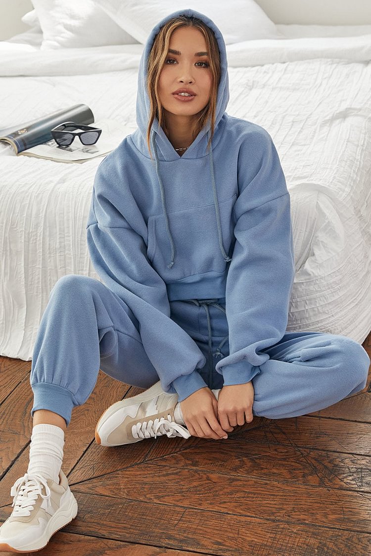 Pocket Casual Drawstring Crop Hoodie 2pcs Pants Set