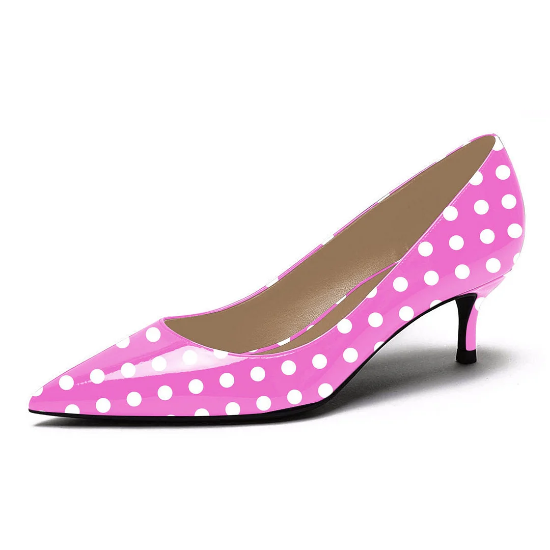 Polka Dot Patent Leather Pointed Toe Low Pumps Heels in Fuchsia