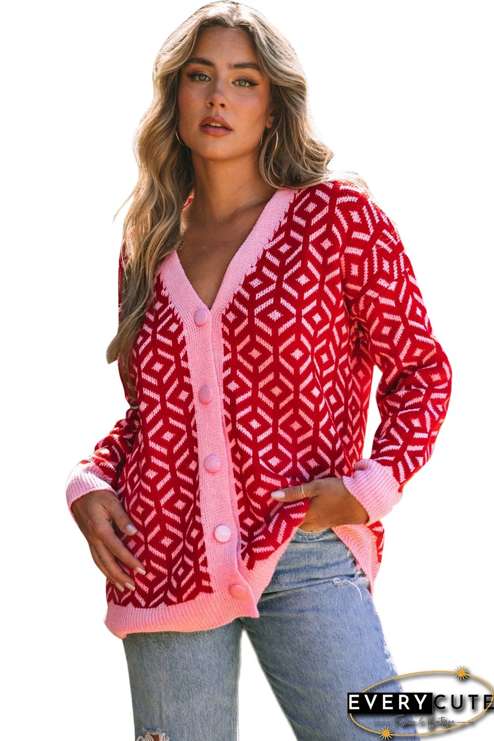 Rose Geometric Print Buttoned V Neck Cardigan