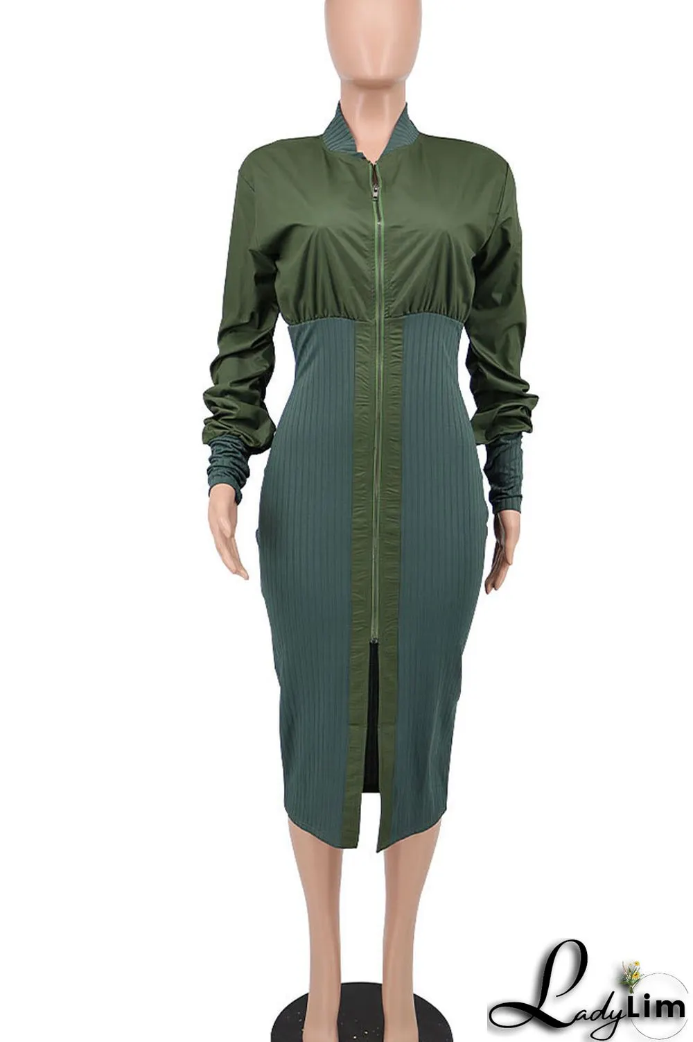 Green Casual Street Solid Split Joint Fold Zipper Collar Dresses