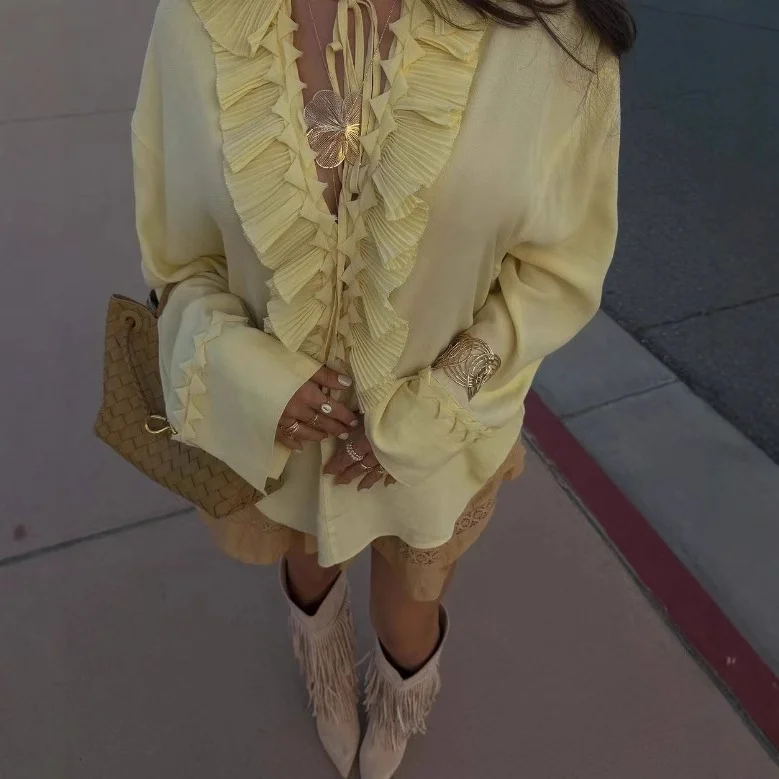 Nigikala Nigikala For Women's Clothing INS Bursts Of Retro Cuff Neckline Lotus Loaf Side Draw Rope Long-Sleeved Shirt +