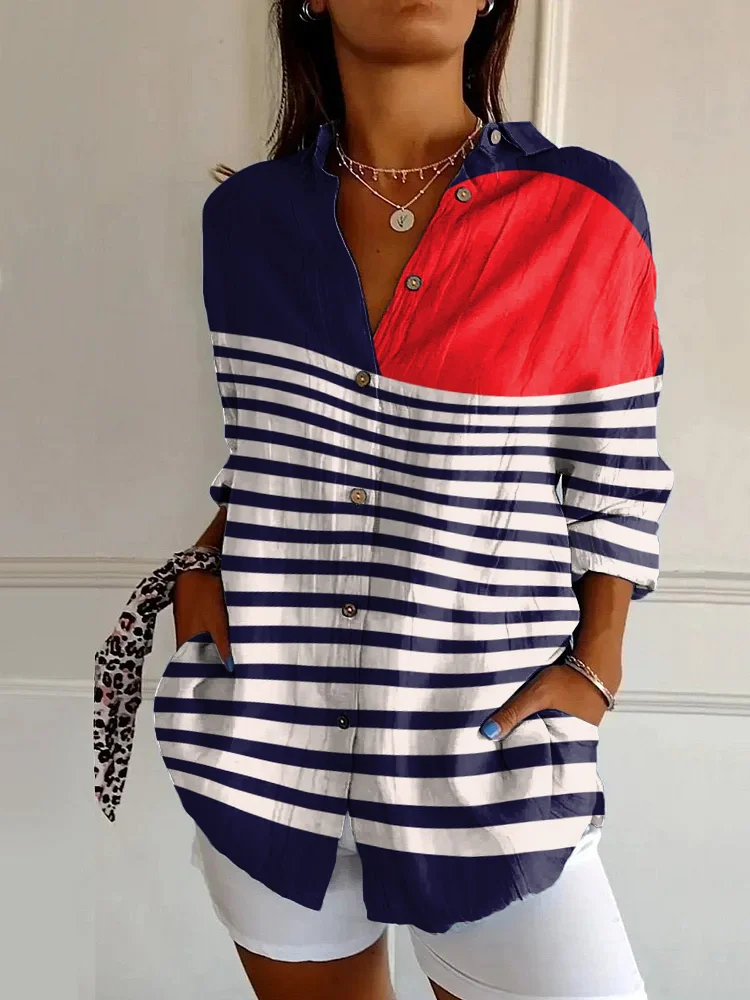 Vintage Abstract Art Stripe Print Casual Long Sleeve Shirt
