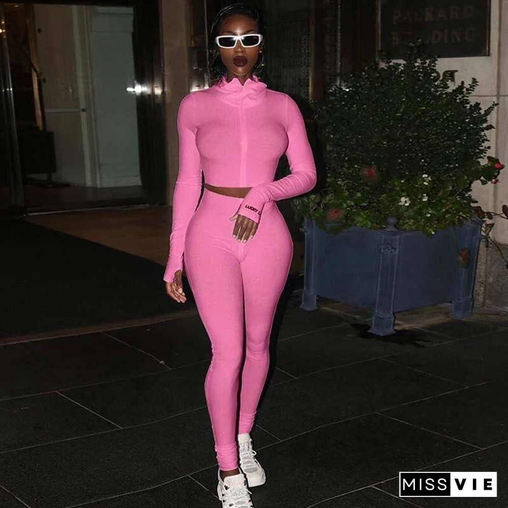 Autumn Ribbed Tracksuit Set Women Two Piece Outfits Work Out Sweat Suits Crop Top Women Set Fitness Sweatsuit Female