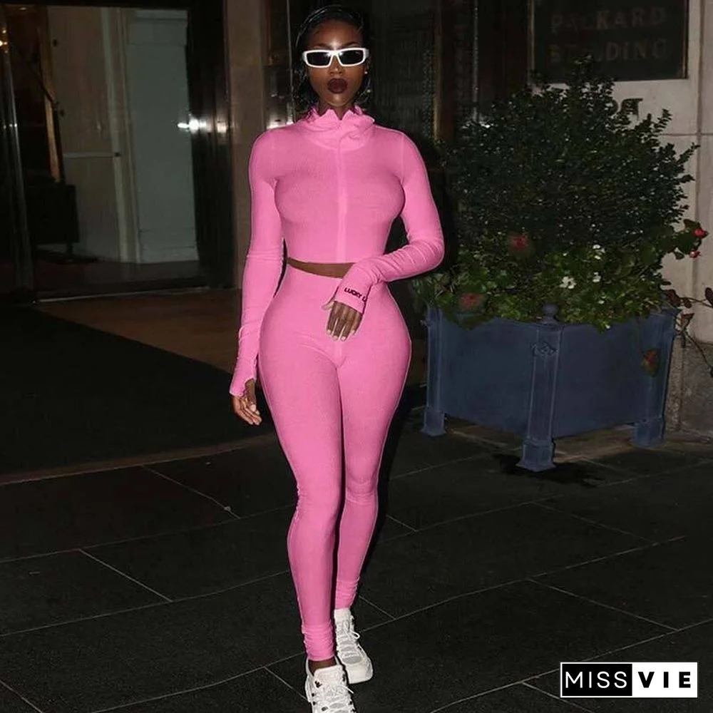 Autumn Ribbed Tracksuit Set Women Two Piece Outfits Work Out Sweat Suits Crop Top Women Set Fitness Sweatsuit Female