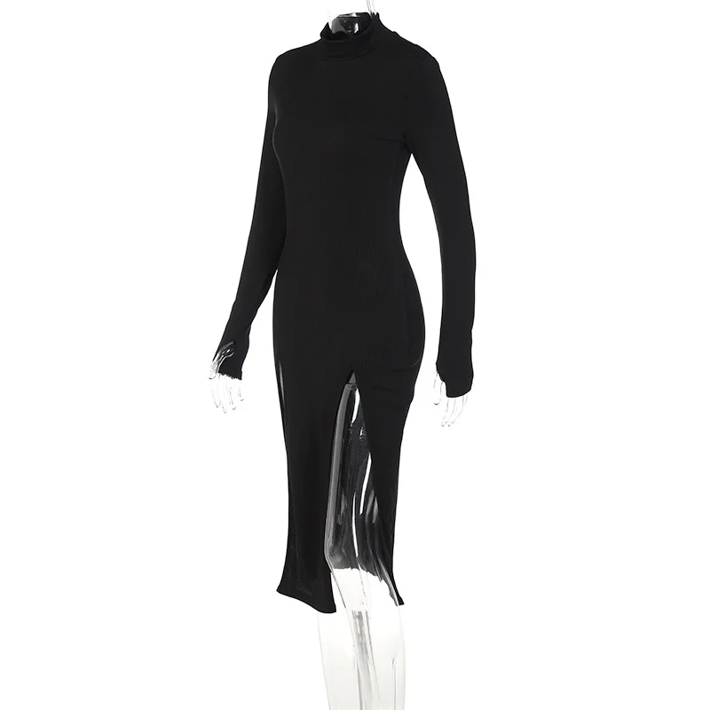 Uveng Uveng New High Collar Long Sleeves High Slits Irregular Slim Long Solid Color Dress