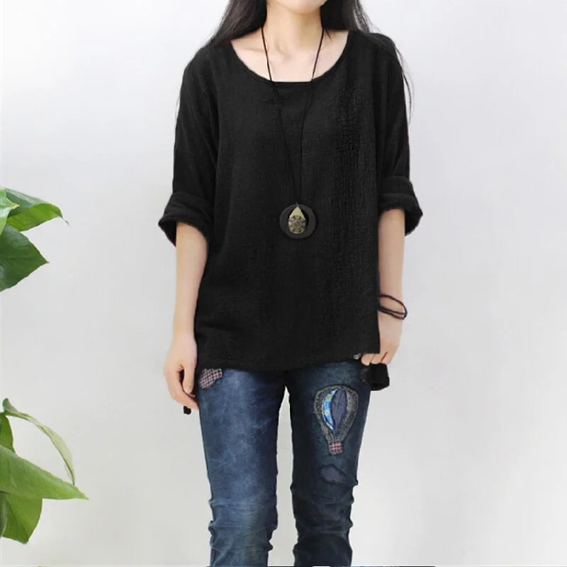 ZANZEA Women Vintage Long Sleeve Solid Blouse Autumn Casual Loose Tops Party Baggy Blusas Robe Femme Office Cotton Linen Shirt