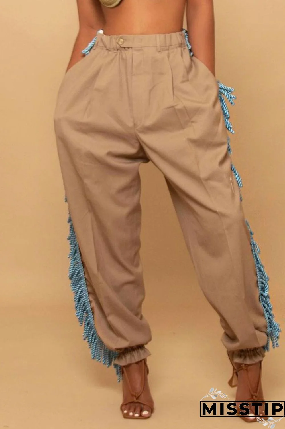 Black Casual Solid Tassel Patchwork Loose High Waist Pencil Solid Color Bottoms