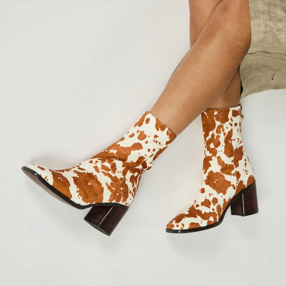 White & Tan Square Toe Block Heel Zipper Short Boots for Women