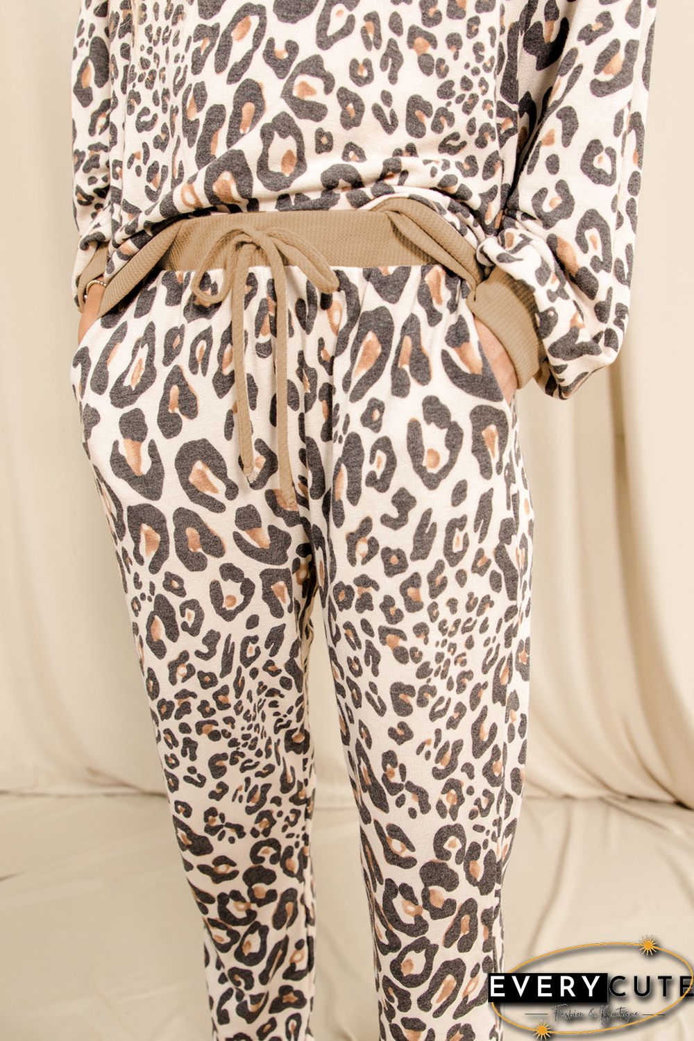 Leopard Print Long Sleeve Top and Drawstring Pants Loungewear