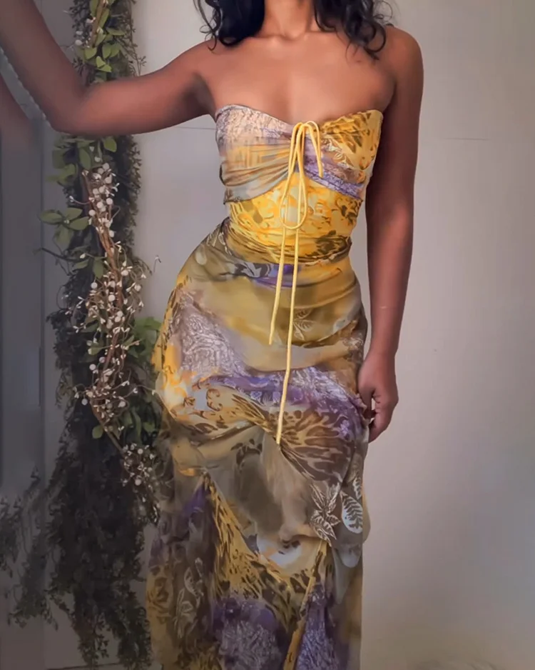 Women's printed tube top drawstring dress