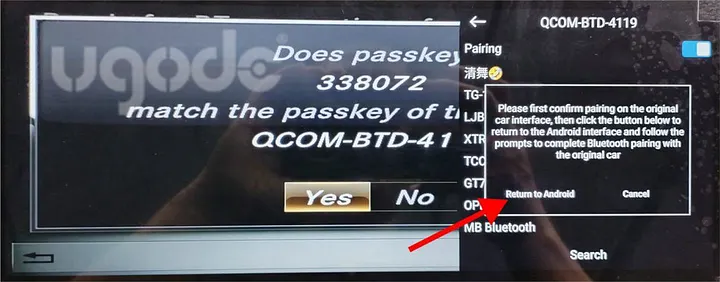 Mercedes NTG pairing notice with Return to Android selected
