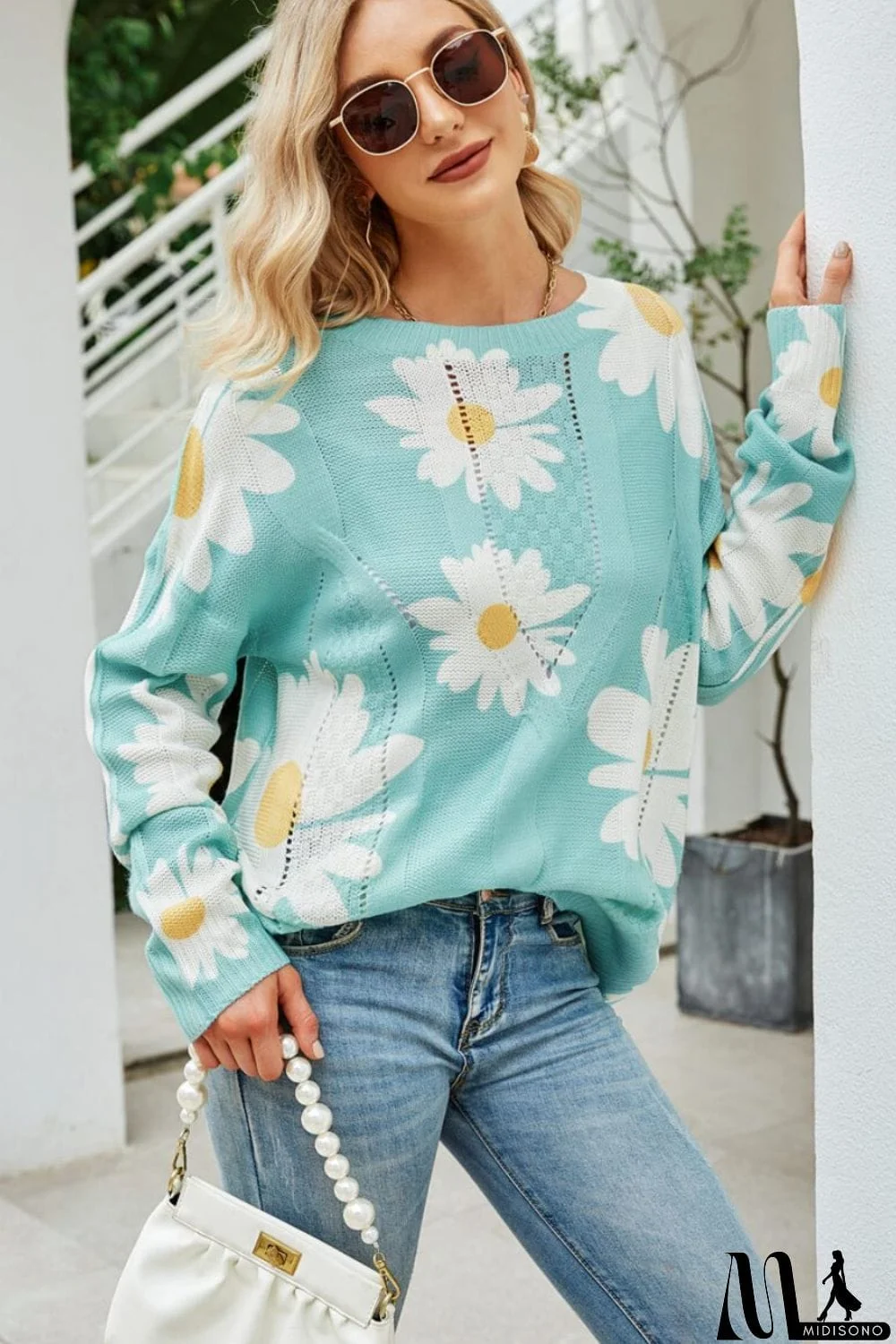 MidiSono - Daisy Print Openwork Round Neck Sweater