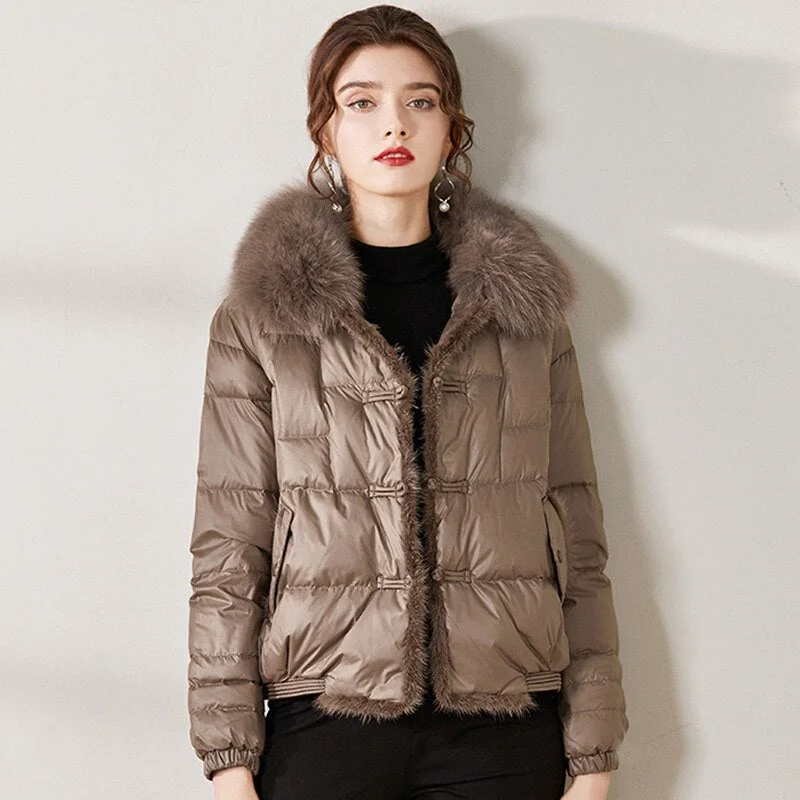 FTLZZ Winter Vintage Button Real Fox Fur Collar Down Jacket Women 90% Duck Down Jacket Female Snow Thick Warm Irregular Outwear