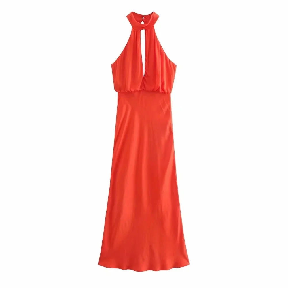 Elegant Orange Halter Satin Women Summer Dress 2021 Summer Texture Vintage Ruched Sleeveless Midi Dresses for Party