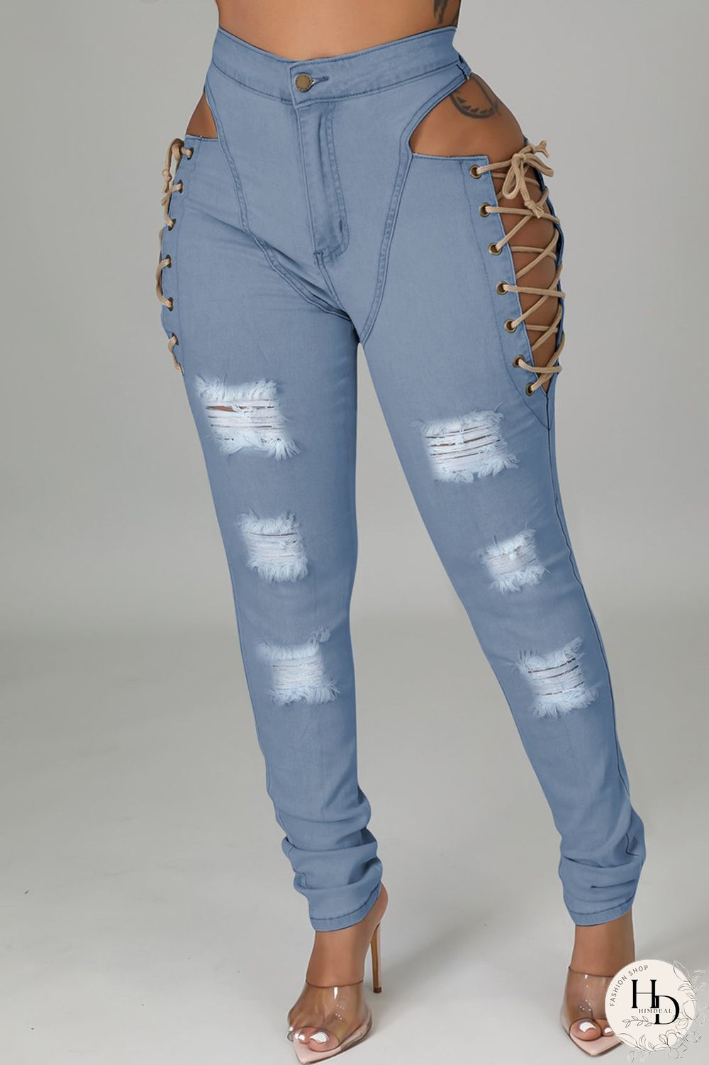 Baby Blue Fashion Casual Solid Ripped Bandage Hollowed Out High Waist Jeans