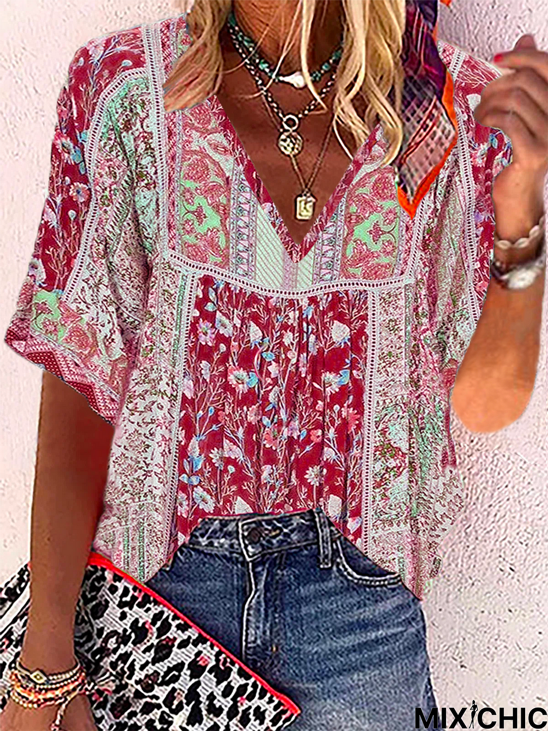 V Neck Boho Casual Half Sleeve Floral Blouse