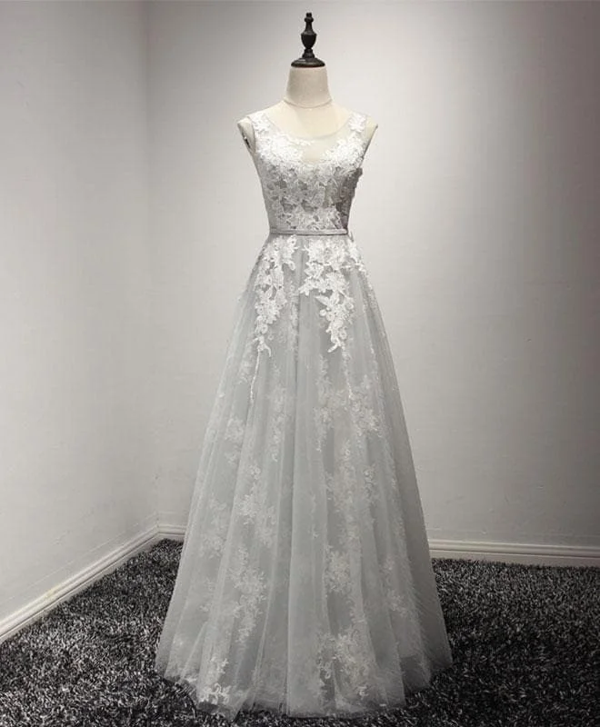 Gray A Line Tulle Lace Long Prom Dress, Cheap Evenin Dress