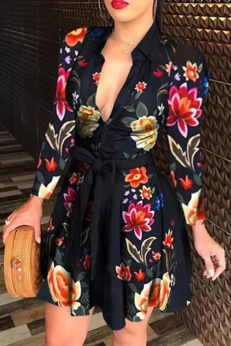 Casual Solid Bandage Shirt Collar Waist Skirt Dresses main image 0
