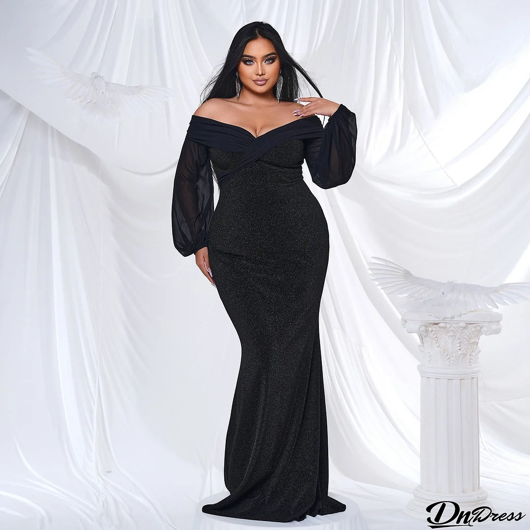Plus Size Women Long Sleeve V-Neck Formal Party Sexy Bodycon Fishtail Maxi Evening Dress